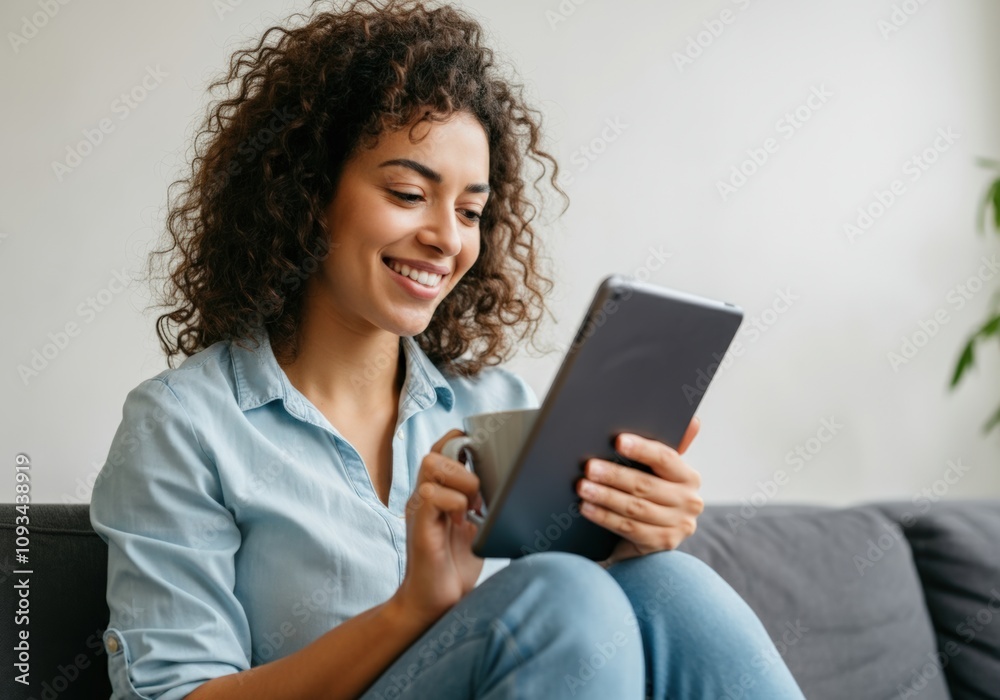 Happy young woman relaxing at home using tablet Happy young woman relaxing at home using tablet