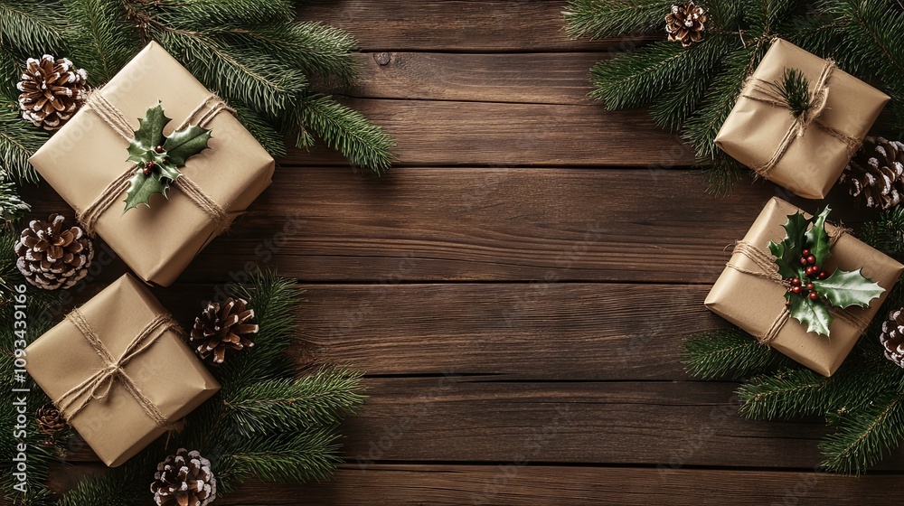 Christmas Gift Boxes on Rustic Wooden Background Christmas Gift Boxes on Rustic Wooden Background