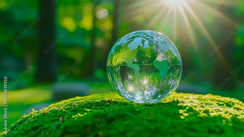 A crystal globe glass on green moss in a tranquil forest A crystal globe glass on green moss in a tranquil forest