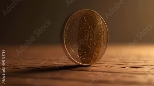 Close-up of a shining golden coin standing upright on a reflective wooden surface, evoking luxury and value.