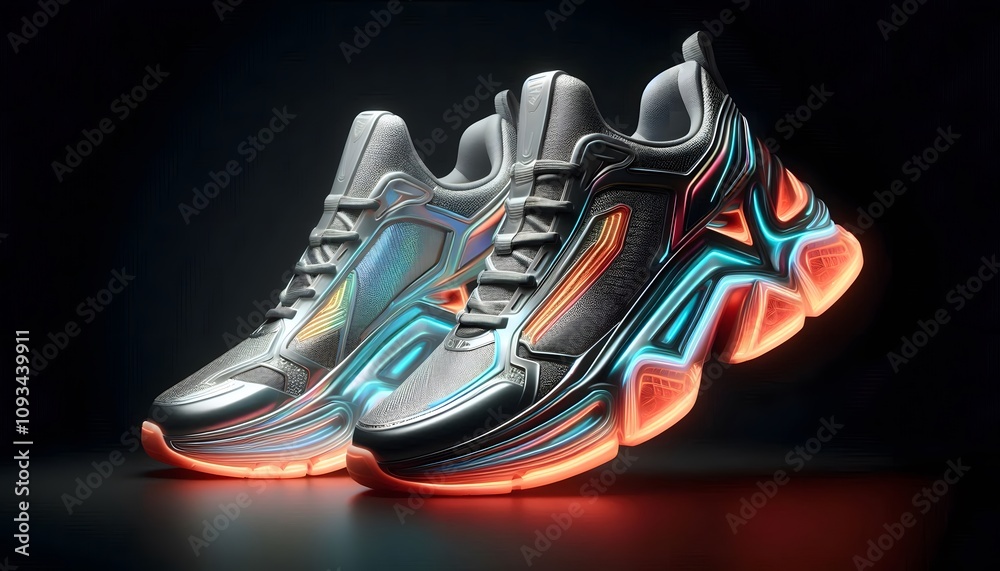 A pair of futuristic running sneakers with a holographic silver upper, glowing neon orange accents, and a thick, high-tech sole. A pair of futuristic running sneakers with a holographic silver upper, glowing neon orange accents, and a thick, high-tech sole.