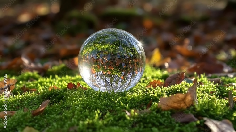 A crystal globe glass on soft green moss, surrounded by forest foliage, reflecting a message of nature conservation, sustainability A crystal globe glass on soft green moss, surrounded by forest foliage, reflecting a message of nature conservation, sustainability