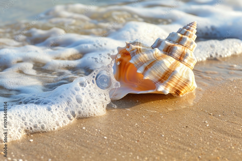 Seashell Beach. Conch Shell on Sandy Beach with Copy Space and Ocean Waves Seashell Beach. Conch Shell on Sandy Beach with Copy Space and Ocean Waves