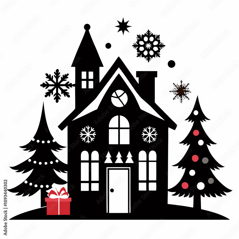Christmas winter and house vector silhouette on white background Christmas winter and house vector silhouette on white background