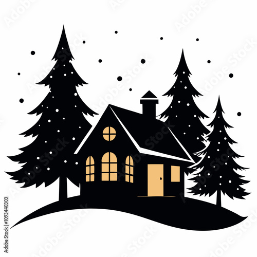  Christmas winter and house vector silhouette on white background