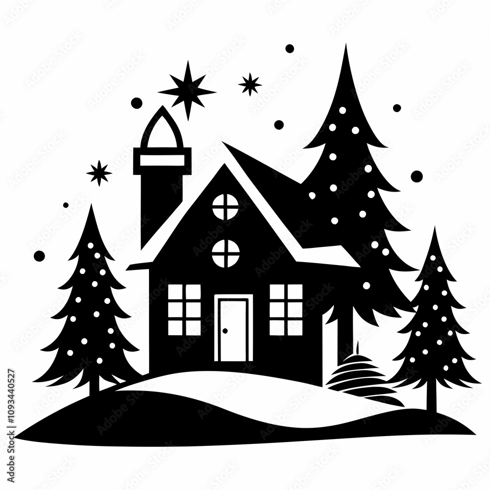 Christmas winter and house vector silhouette on white background Christmas winter and house vector silhouette on white background