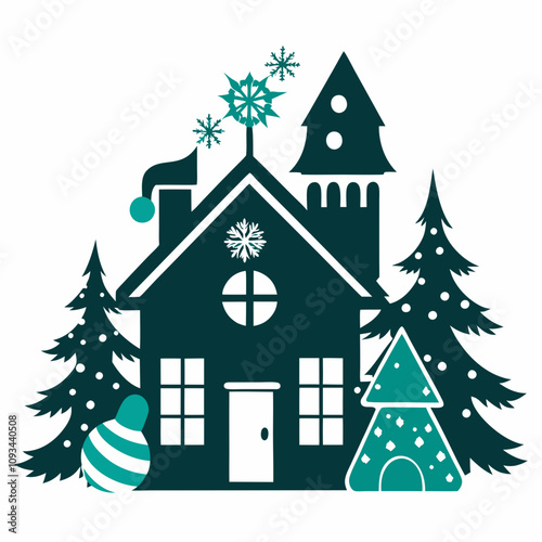  Christmas winter and house vector silhouette on white background