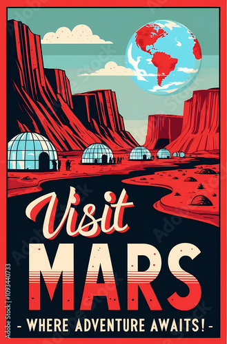 Retro Travel Poster For Mars Tourism With Scenic Red Landscapes
