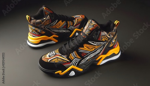 A pair of bold, patterned skateboard shoes with graphic designs in black, yellow, and orange. The shoes feature a thick sole and durable material, placed on a plain dark gray background to accentuate 