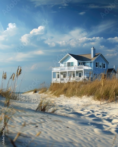 Shore House. Beach House on New Jersey Shoreline with Blue Sky in Summer