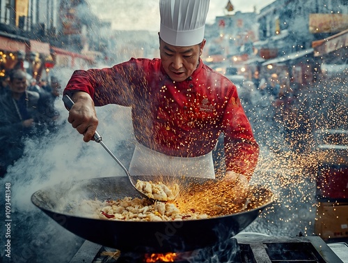 Chef cooking stir-fry dish street market food urban setting action photo