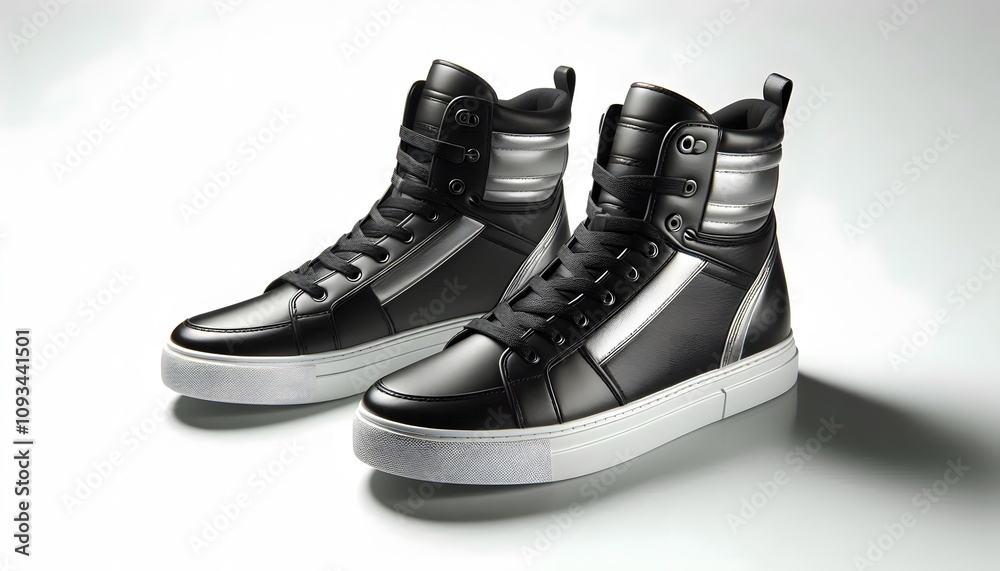A pair of sleek black high-top sneakers with metallic silver accents, designed with smooth leather and glossy rubber soles. The shoes are placed on a plain white background with no distractions, showc A pair of sleek black high-top sneakers with metallic silver accents, designed with smooth leather and glossy rubber soles. The shoes are placed on a plain white background with no distractions, showc