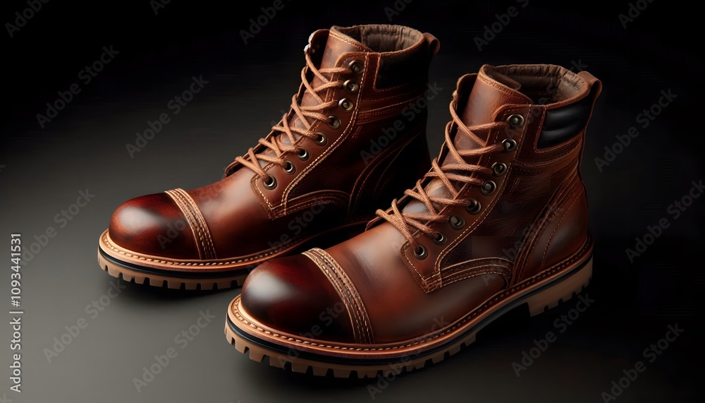 A set of classic brown leather boots with rugged soles, perfect for outdoor adventures. The boots feature detailed stitching and a weathered finish, placed neatly against a simple black background A set of classic brown leather boots with rugged soles, perfect for outdoor adventures. The boots feature detailed stitching and a weathered finish, placed neatly against a simple black background