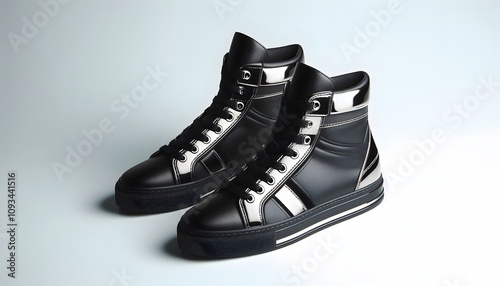A pair of sleek black high-top sneakers with metallic silver accents, designed with smooth leather and glossy rubber soles. The shoes are placed on a plain white background with no distractions, showc