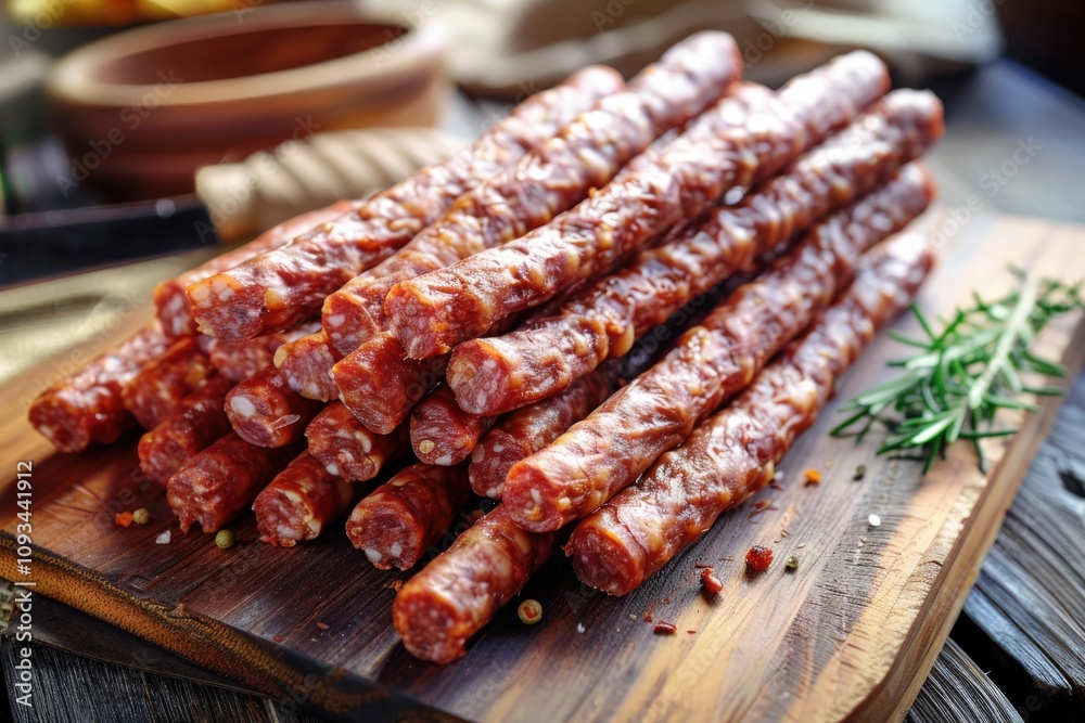 Snack Sticks: Many Sharpened Meat Sticks on Wooden Board for Nourishment Snack Sticks: Many Sharpened Meat Sticks on Wooden Board for Nourishment