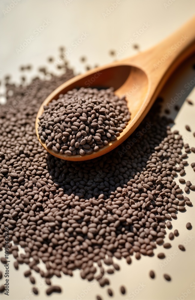 Chia seeds fill wooden spoon, spill out onto light beige surface. Healthy food ingredient. Natural food product. Close-up view. Healthy eating. Superfood. Seeds. Organic. Food photography. Food Chia seeds fill wooden spoon, spill out onto light beige surface. Healthy food ingredient. Natural food product. Close-up view. Healthy eating. Superfood. Seeds. Organic. Food photography. Food