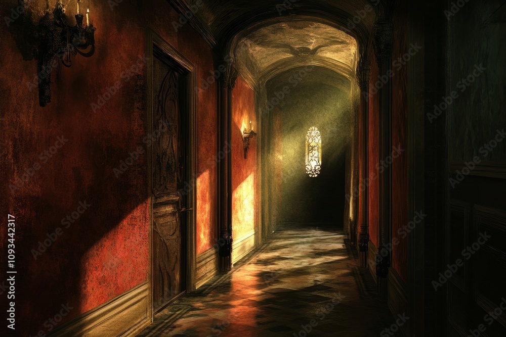 Light in the Dark Corridor - Mysterious hallway, sunlit window, antique doors, aged walls, gothic architecture. Secrets, mystery, exploration. Light in the Dark Corridor - Mysterious hallway, sunlit window, antique doors, aged walls, gothic architecture. Secrets, mystery, exploration.
