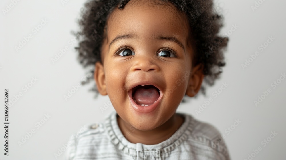 A close-up Of a young child with an open mouth likely laughing or shouting wearing a light-colored shirt with a blurred background and a focus On the child's face. A close-up Of a young child with an open mouth likely laughing or shouting wearing a light-colored shirt with a blurred background and a focus On the child's face.