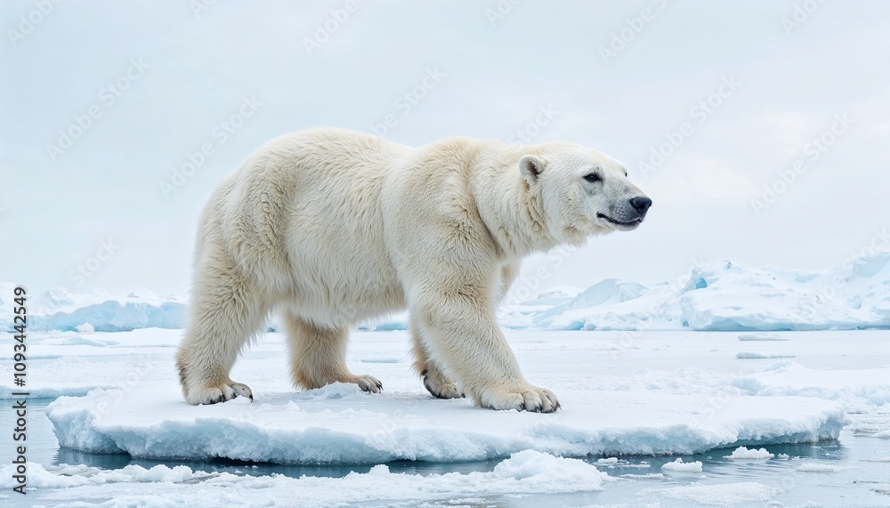 Polar Bear Standing on an Ice Floe Amidst Snowy Arctic Scenery