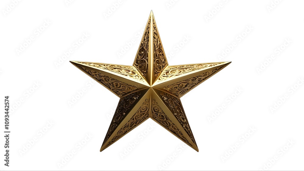 Ornate gold star, five-pointed, intricate design, isolated on white background. Perfect for luxury, awards, or festive designs. Ornate gold star, five-pointed, intricate design, isolated on white background. Perfect for luxury, awards, or festive designs.