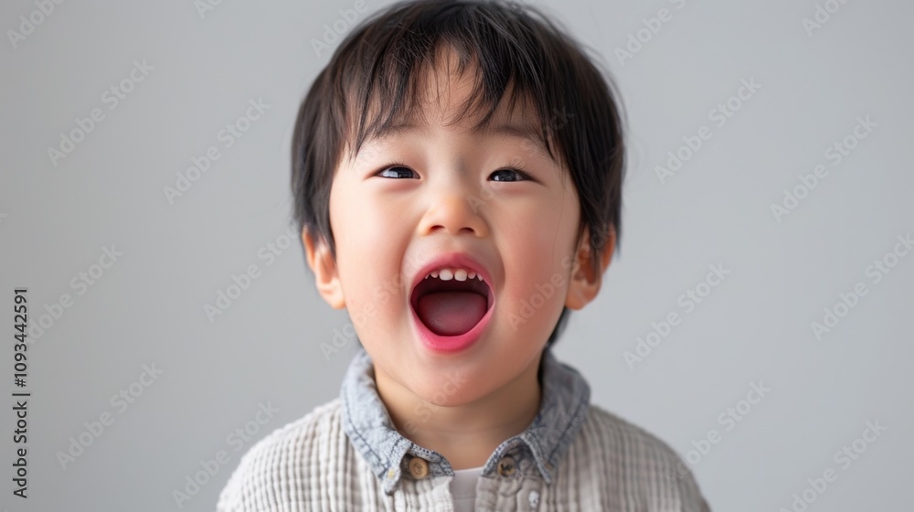 A young boy with big smile open mouth and dark hair wearing a white and blue striped shirt. A young boy with big smile open mouth and dark hair wearing a white and blue striped shirt.