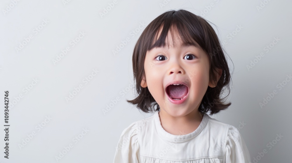 A young Asian girl with dark hair and bangs wearing a white shirt standing against a plain white background with her mouth open in a wide surprised expression. A young Asian girl with dark hair and bangs wearing a white shirt standing against a plain white background with her mouth open in a wide surprised expression.