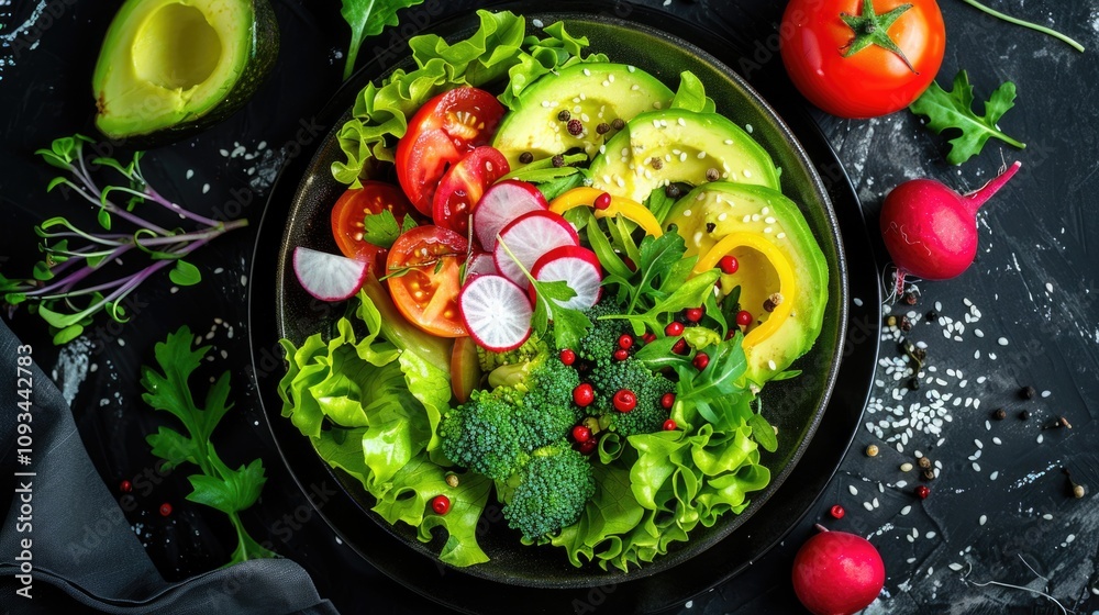 Spring Meal: Healthy and Fresh Salad with Avocado and Organic Vegetables Spring Meal: Healthy and Fresh Salad with Avocado and Organic Vegetables