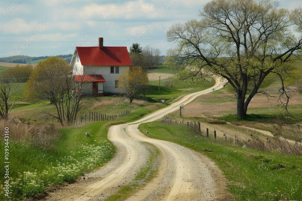 Fototapeta premium Springtime Country Road. Gravel Road Leading to Farmhouse in Rural Landscape