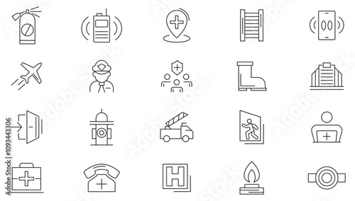 Emergency line icon set. Accidents, natural disasters, rescue services, exit, hospital, lifebuoy, accident, evacuation, ambulance, help, hotline line icon set. Ui thin line icon pack.