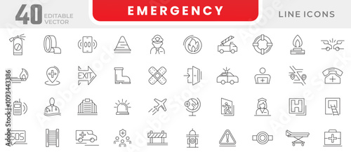 Emergency line icon set. Accidents, natural disasters, rescue services, exit, hospital, lifebuoy, accident, evacuation, ambulance, help, hotline line icon set. Ui thin line icon pack.