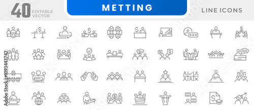 Metting line icon set. Audit, analysis, plan, evaluation, result, testing, appraisal, examination, measurement, review, judgment, diagnosis line icon set. UI thin line icon pack.