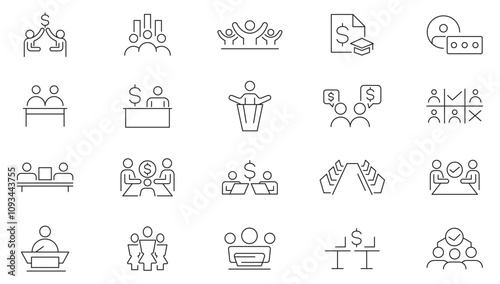 Metting line icon set. Audit, analysis, plan, evaluation, result, testing, appraisal, examination, measurement, review, judgment, diagnosis line icon set. UI thin line icon pack.