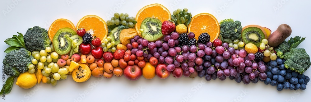 Vibrant Display of Fresh Fruits and Vegetables in a Colorful Arrangement Showcasing Nature's Bounty for Healthy Lifestyle and Nutrition Themes