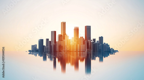 stunning city skyline reflecting in water at sunset, showcasing modern architecture