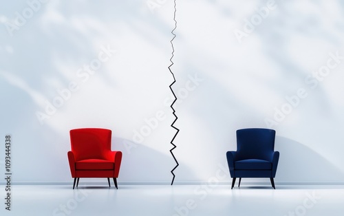 Two contrasting chairs, one red and one blue, face each other across a white wall, separated by a jagged line, symbolizing division or conflict. photo