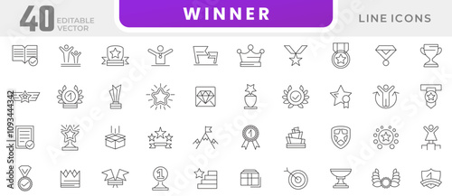 Winner line icon set. Trophy cup, medal, badge, winner, prize, membership, quality, badge, rank, cup, reward, certification, ribbon, line icon set. UI thin line icon pack.