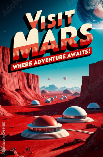 Retro Travel Poster For Mars Tourism With Scenic Red Landscapes
