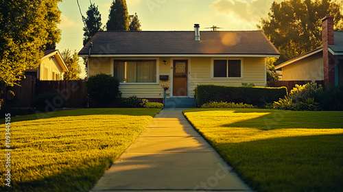 A stock photo of a charming 1950s small home with a modest front yard.