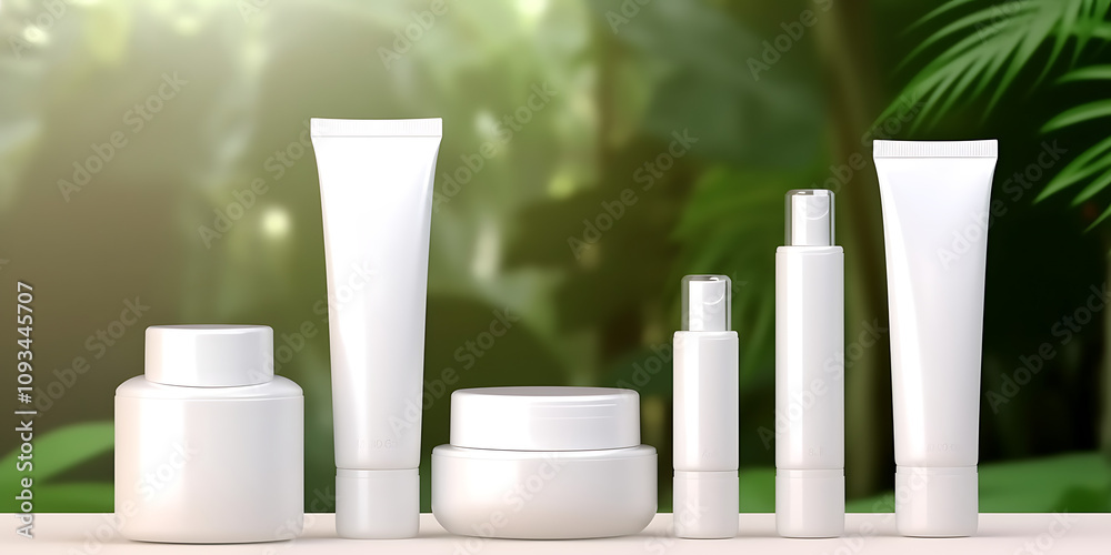 Minimalist skincare set against a lush green background with various cosmetic containers Minimalist skincare set against a lush green background with various cosmetic containers