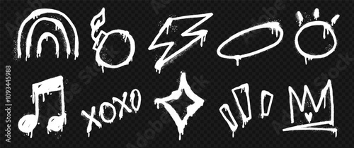 White spray art vector with oval, bomb, rainbow, and crown elements. Graffiti style design featuring lightning, star, and music notes.