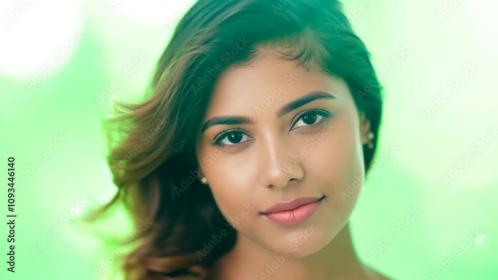 Beautiful young woman with long brown hair poses against a vibrant green background, featuring a soft bokeh effect that enhances her natural beauty and serene expression Beautiful young woman with long brown hair poses against a vibrant green background, featuring a soft bokeh effect that enhances her natural beauty and serene expression
