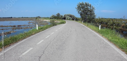 road with no people or cars in the middle of a plain with salty lagoon water nearby photo