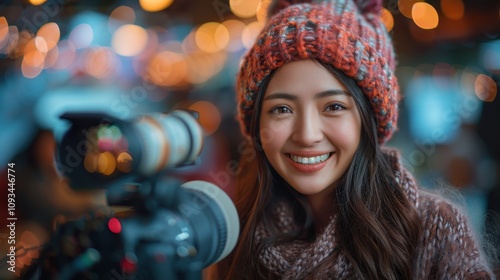 Capturing warm moments with a smile at a festive winter market during evening lights. Generative AI