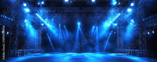 A concert stage illuminated by intense blue lights and metallic scaffolding.