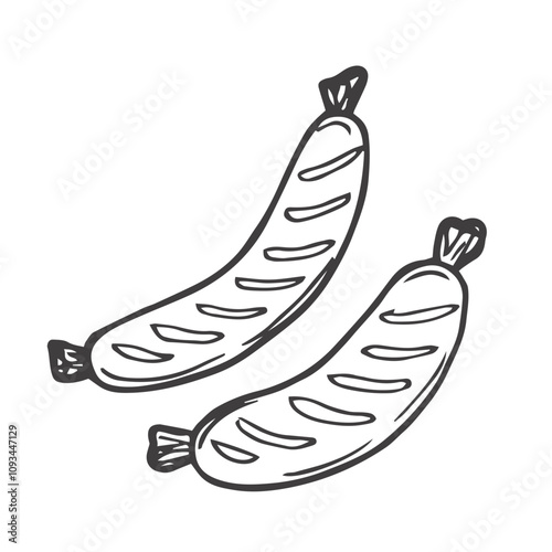 Sausage. Fried sausage with cuts. Sketch. Vector illustration. Juicy barbecue sausage. Coloring book for children. Outline on isolated background. Doodle style. Idea for web design.