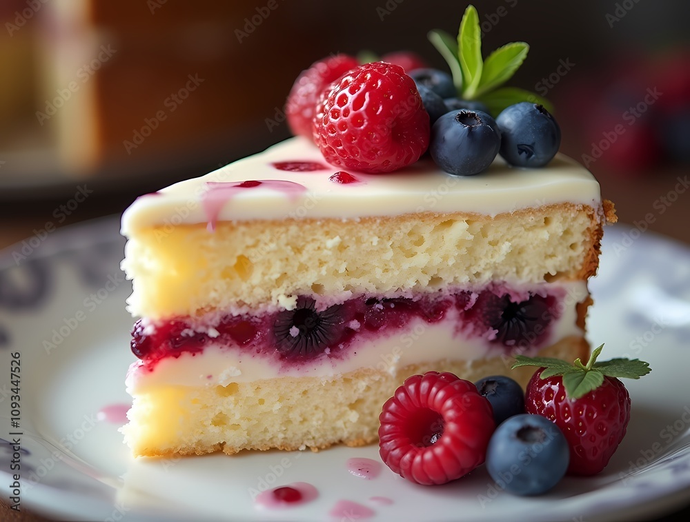 An image of decadent vanilla bourbon cake showing its creamy berry layers An image of decadent vanilla bourbon cake showing its creamy berry layers