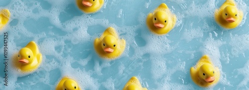 Colorful rubber duckies floating beautifully on a watery background in a playful arrangement, banner, background photo