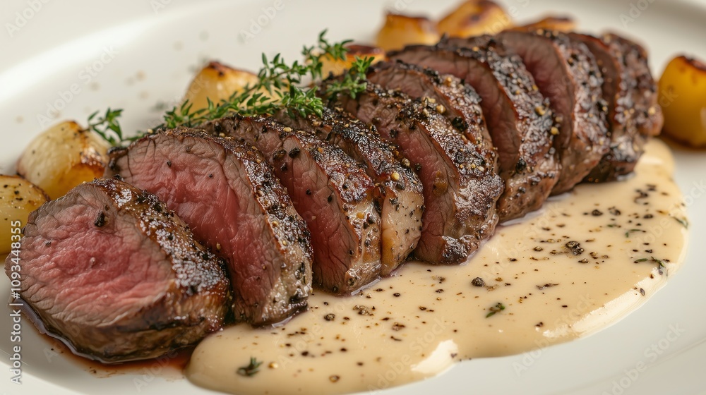 Succulent sliced steak with creamy sauce and roasted onions, garnished with thyme for a gourmet dining experience. Succulent sliced steak with creamy sauce and roasted onions, garnished with thyme for a gourmet dining experience.