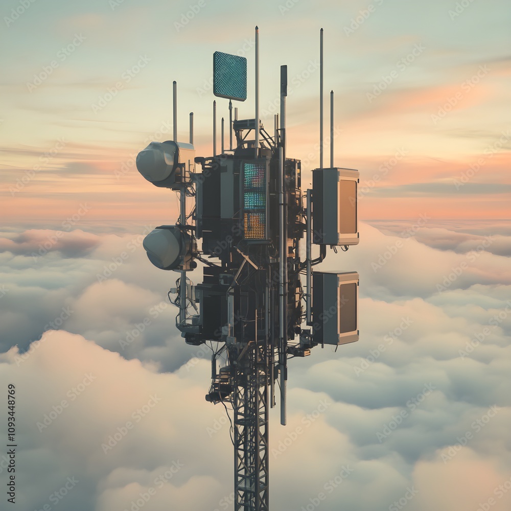 Futuristic Telecommunications Tower in the Clouds Surrounded by Blue Sky and Soft Clouds Representing Modern Communication Technology Futuristic Telecommunications Tower in the Clouds Surrounded by Blue Sky and Soft Clouds Representing Modern Communication Technology