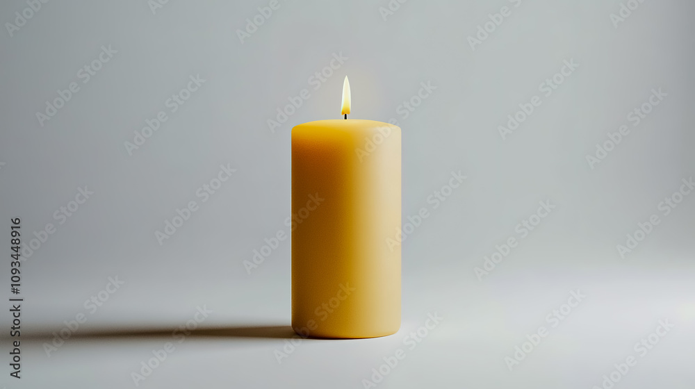 Tan candle mock-up standing upright, lit with a soft, warm flame. Tan candle mock-up standing upright, lit with a soft, warm flame.